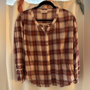 Lucky Brand Checkered Blouse - Burgundy and Beige